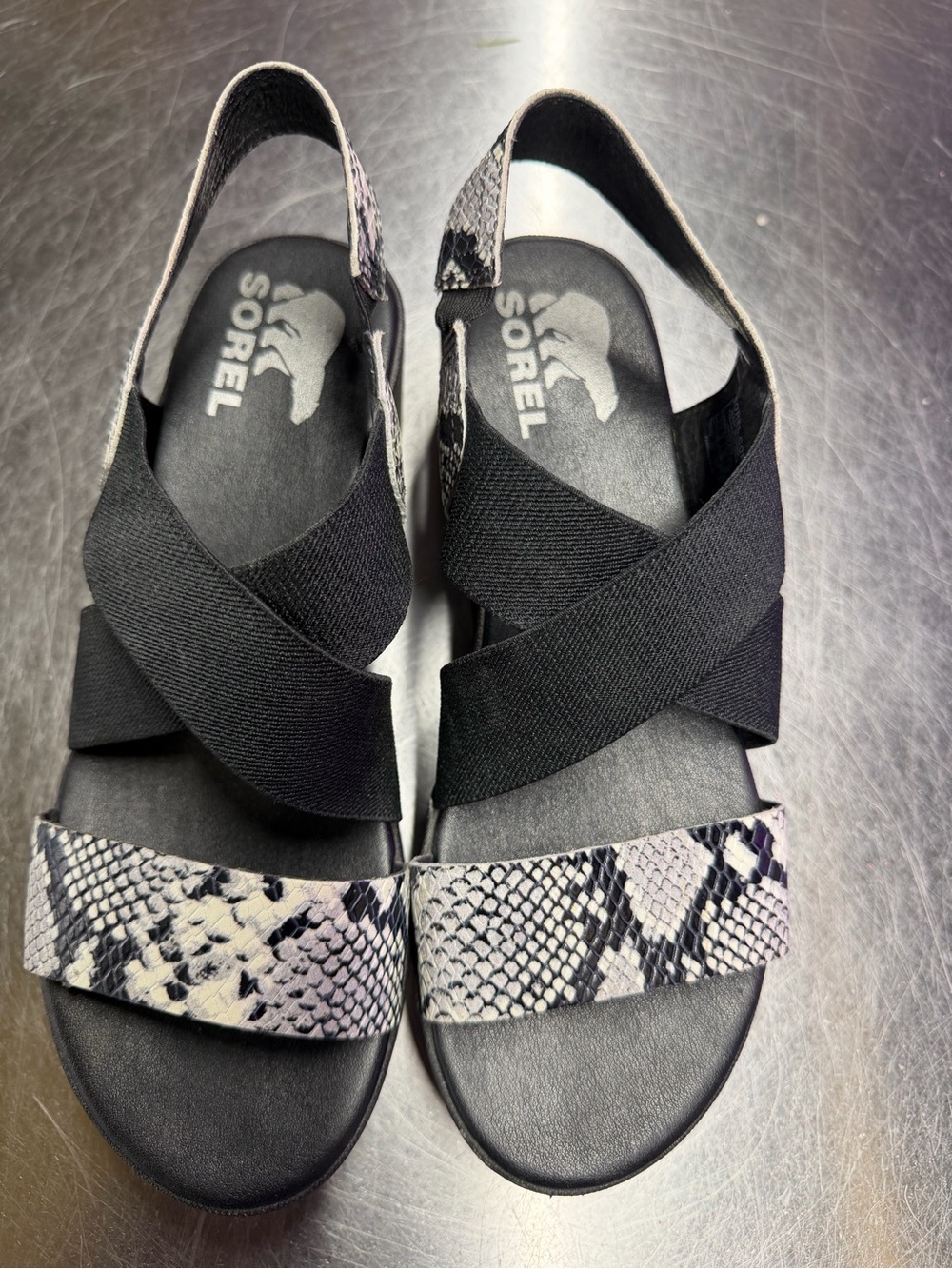 Sorel Black Sandals with Neutral Snake-Print Straps